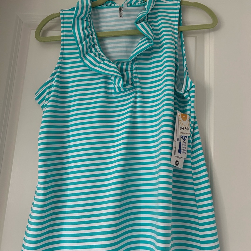 Striped Athleisure Sleeveless Top with Ruffle Collar